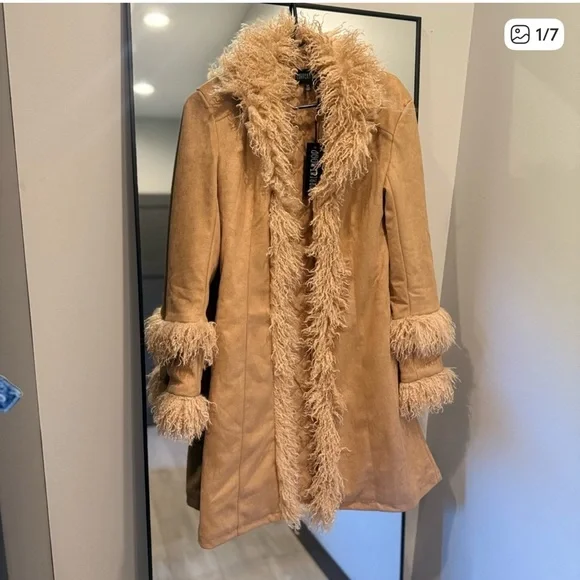 Tan Faux Fur Trim Penny Lane Vintage 60s 70s Inspired Coat Halloween - Picture 3 of 7